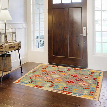 Flat Weave Kilim, Antique, Navaho, Vintage, Handmade, Geometric Kilim Blue Beige Hand-Woven Rectangle 100% Wool Area Rug 4 x 6